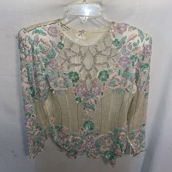 Judith Ann Creations Vintage Dressy Blouse Size Small Ivory Sequined Pearl Silk - Picture 1 of 13